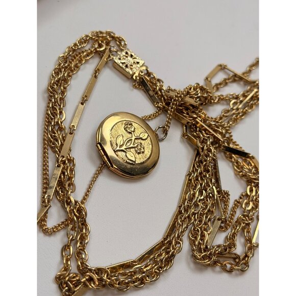 Locket pendant 4 tier necklace Gold Plated Multi-Layer Necklace With Floral Etch - Picture 6 of 10